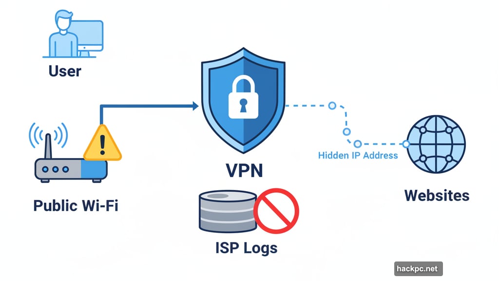 VPN hides public IP address from internet provider and administrators