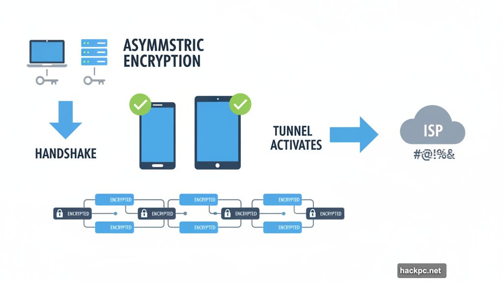 Encryption handshake establishes secure tunnel protecting data from internet providers