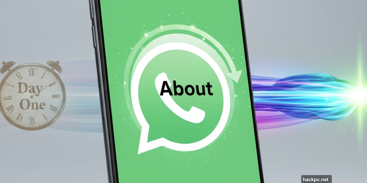 WhatsApp phone displaying revived About status feature with refresh symbol