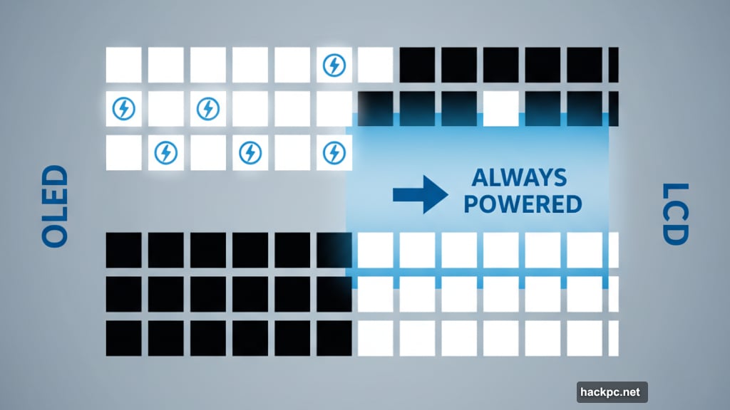 OLED pixels turn off for black themes saving power