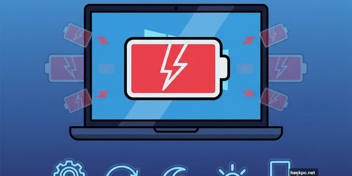 Windows 11 laptop with low battery and five solution icons