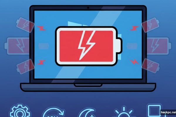 Windows 11 laptop with low battery and five solution icons