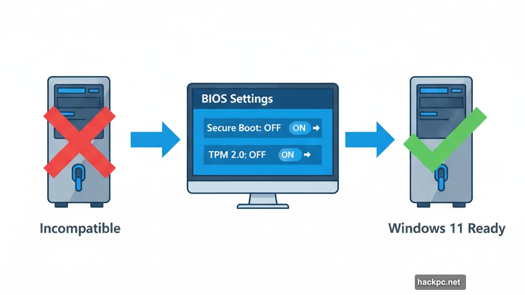 Two BIOS settings enable Secure Boot and TPM for compatibility