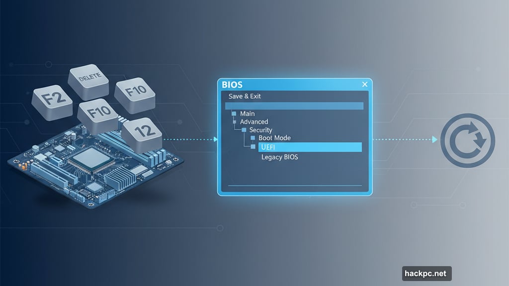 Access BIOS during boot to switch from Legacy to UEFI mode