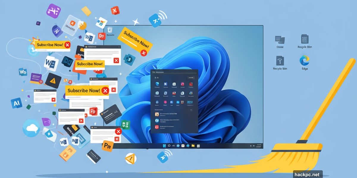 Cluttered Windows 11 interface being cleaned with broom removing ads