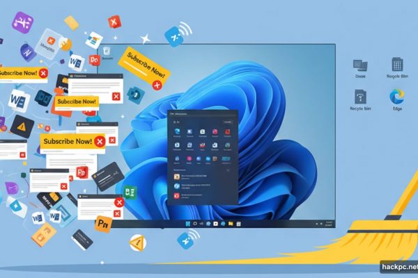 Cluttered Windows 11 interface being cleaned with broom removing ads