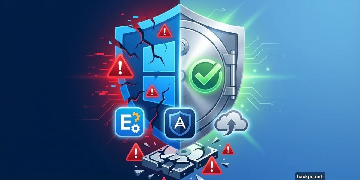 Windows logo shield transforming into vault with backup software protection