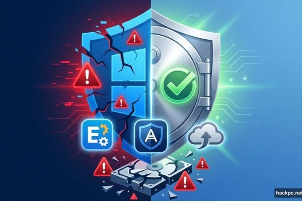 Windows logo shield transforming into vault with backup software protection
