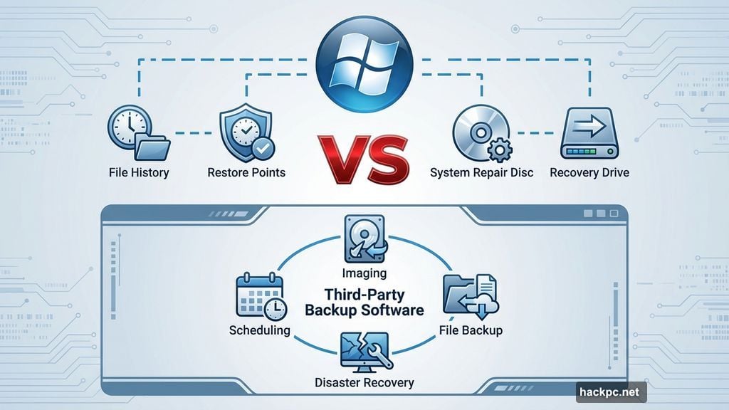 Windows fragmented backup approach versus cohesive third-party backup package