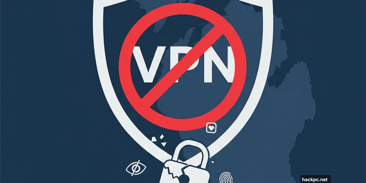 VPN shield with prohibition symbol over Wisconsin and Michigan states