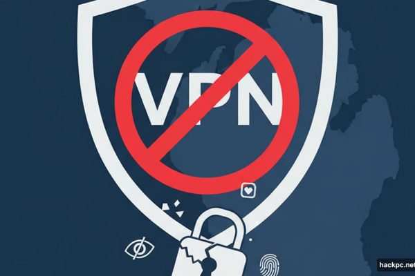 VPN shield with prohibition symbol over Wisconsin and Michigan states