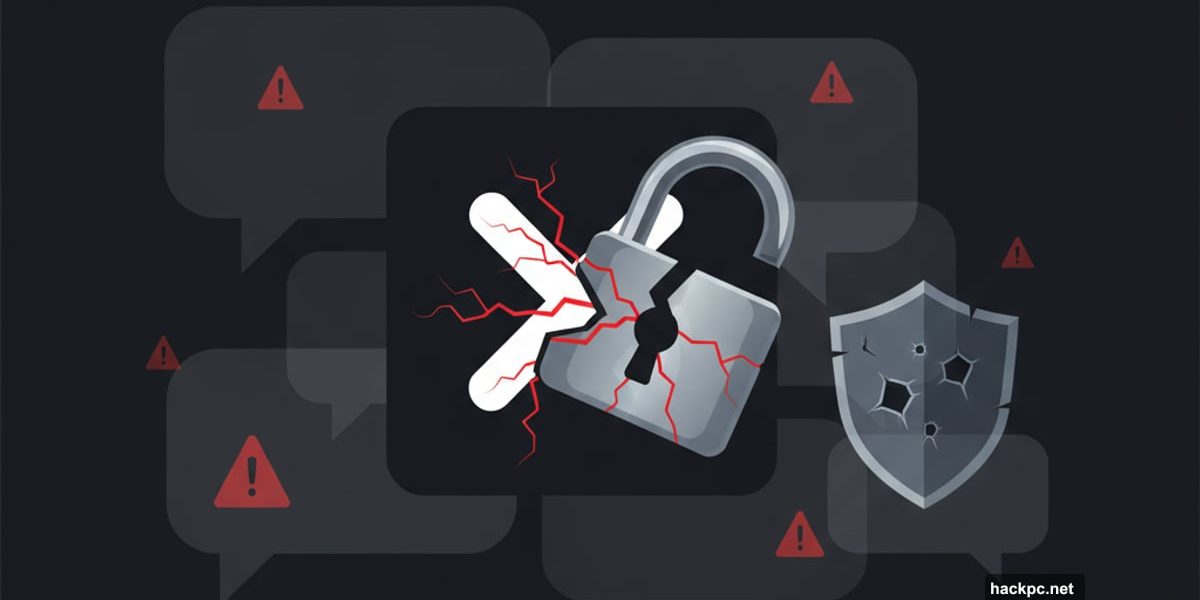 X platform logo with broken padlock showing flawed encryption