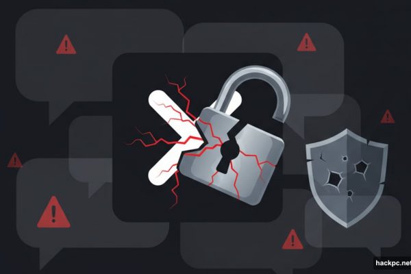 X platform logo with broken padlock showing flawed encryption