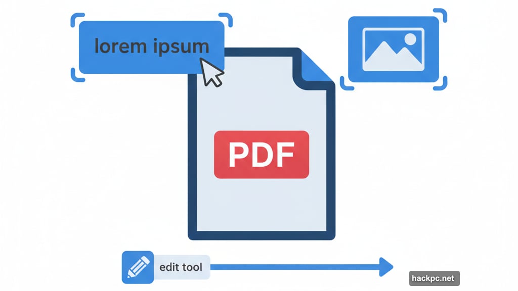 Blue rectangles appear around text and image boxes for editing