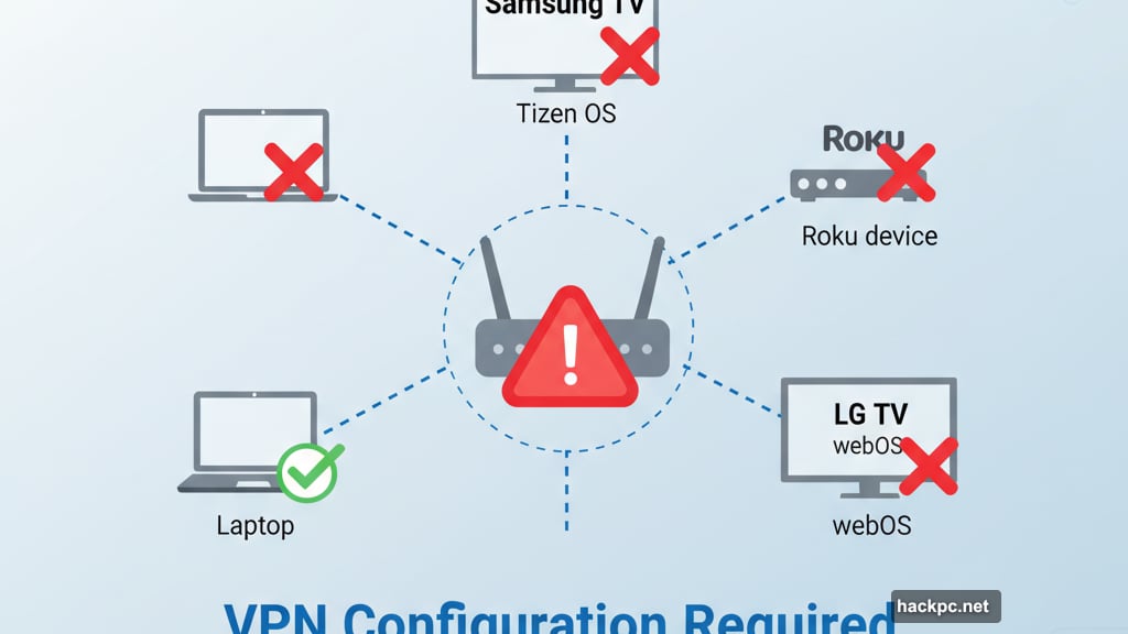 Smart TVs cannot run VPN apps natively requiring router configuration