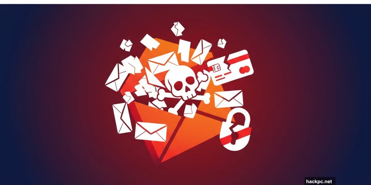 Overflowing email inbox with skull, credit card, and broken lock symbols
