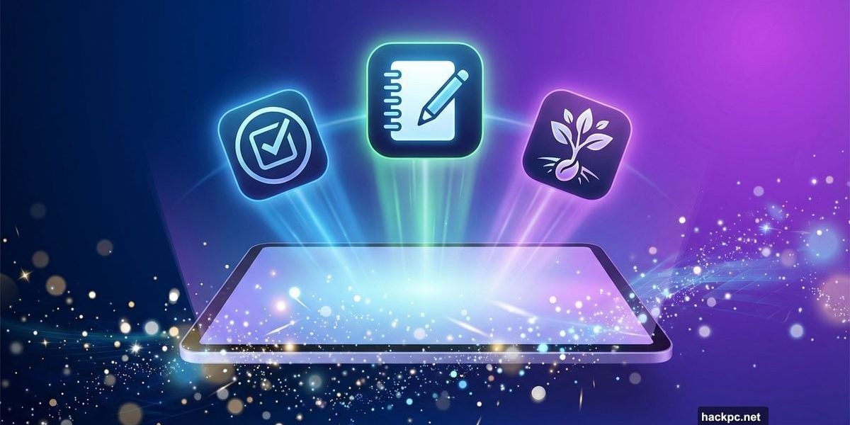 iPad with three glowing productivity app icons floating above screen