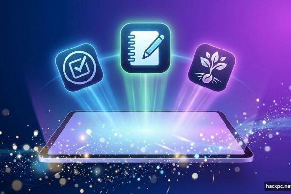 iPad with three glowing productivity app icons floating above screen