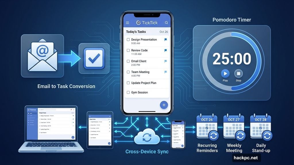 TickTick converts emails to tasks with Pomodoro timer feature