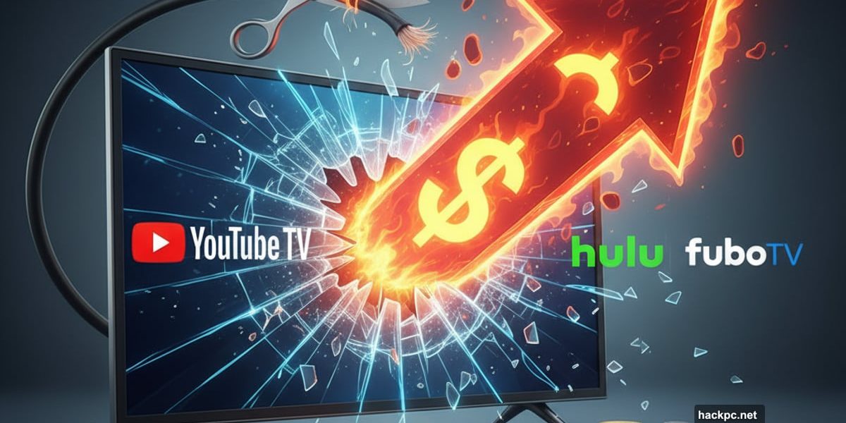 Streaming costs rising to $90 breaking through TV screen with service logos