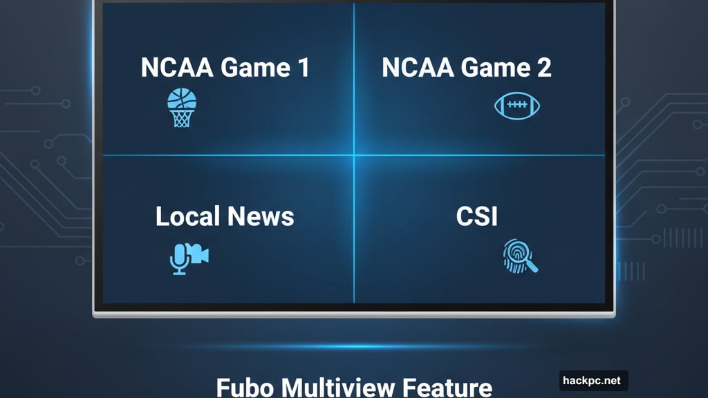 Fubo multiview feature displays four different channels simultaneously on Roku