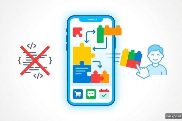 Smartphone with colorful building blocks showing no-code app development