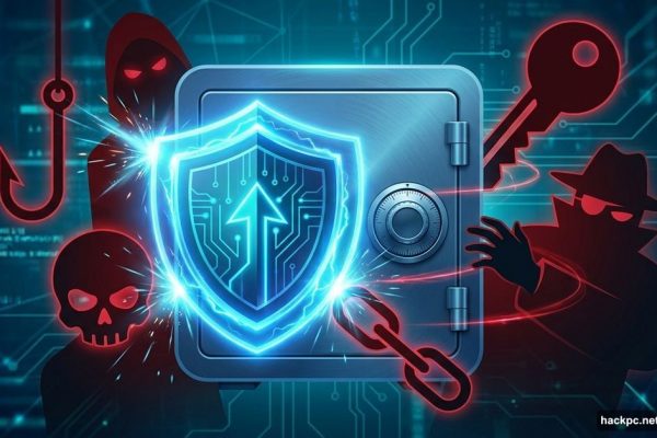 Password manager vault with shield blocking some threats while others bypass