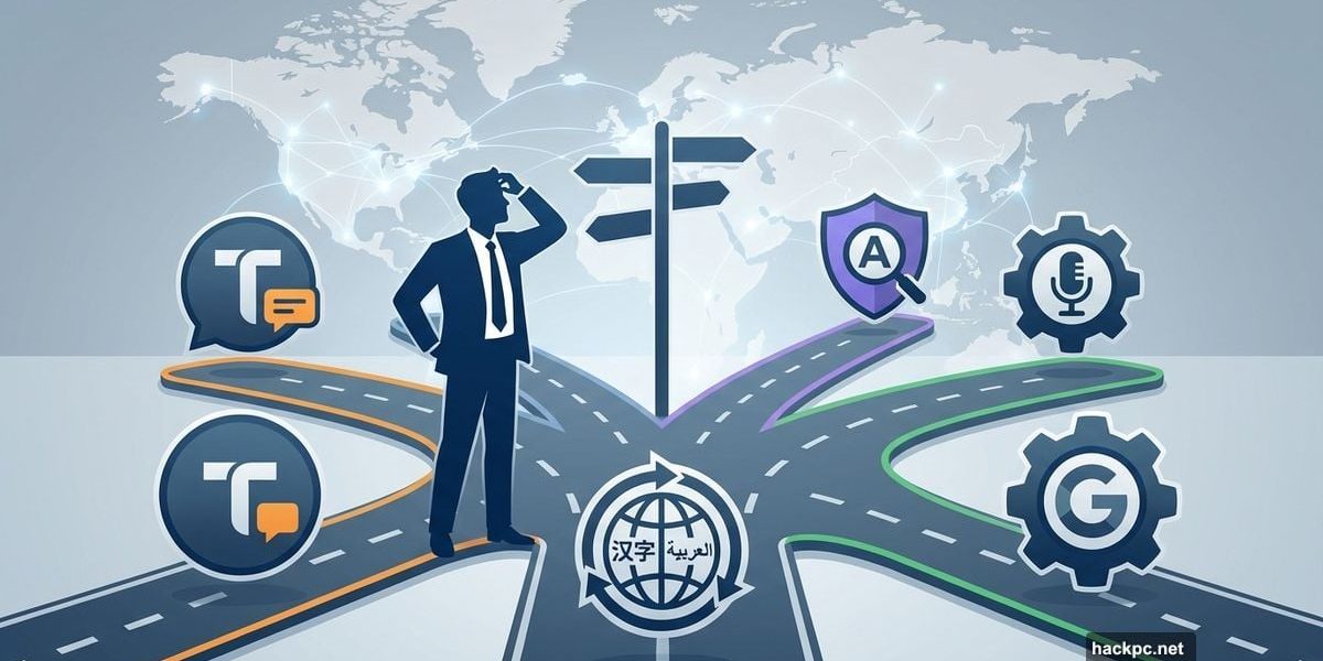Businessperson at crossroads choosing between multiple translation software platforms
