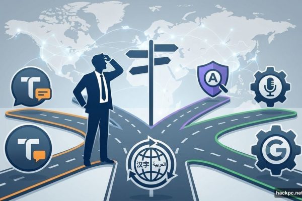 Businessperson at crossroads choosing between multiple translation software platforms