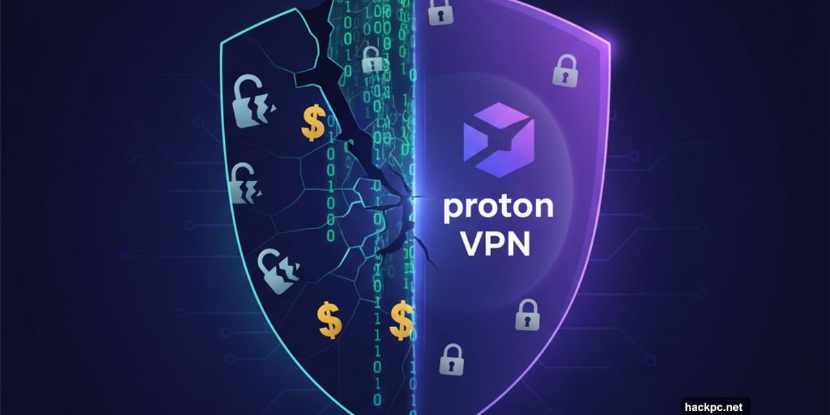 Split VPN shield showing data leaks versus Proton VPN security