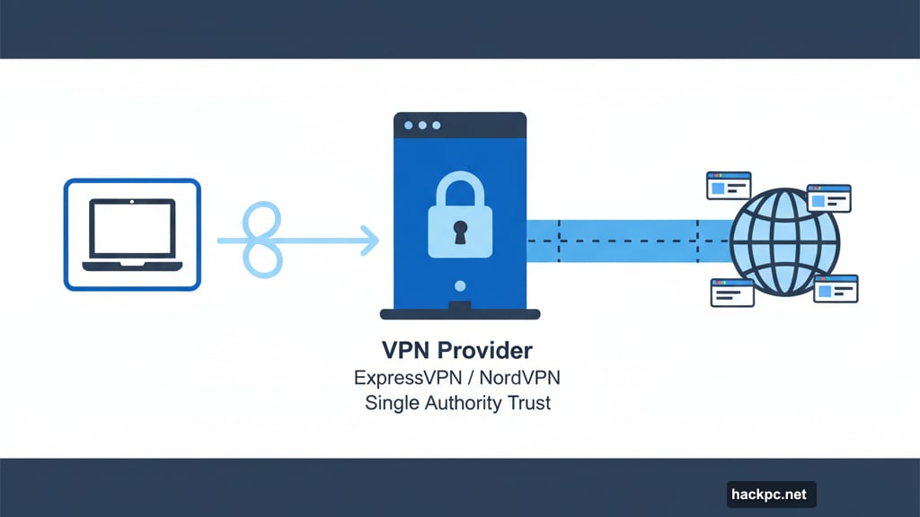 VPN routes traffic through encrypted tunnels to provider's servers