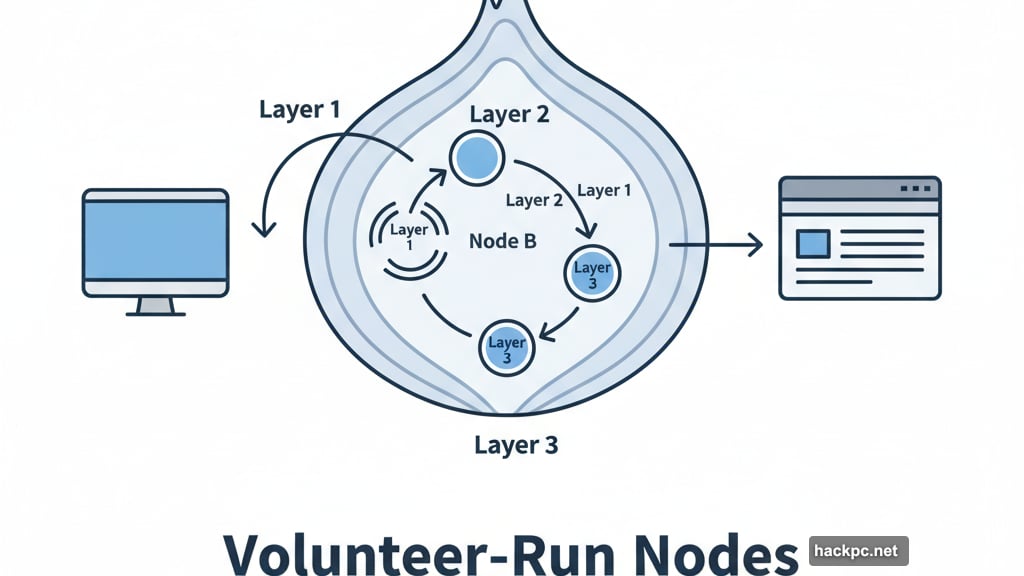 Tor encrypts data in layers routed through volunteer-run nodes