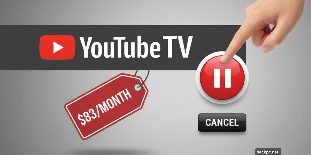 YouTube TV logo with expensive price tag and cancel pause buttons