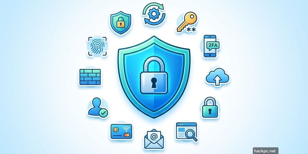 Blue protective shield surrounded by twelve online security icons