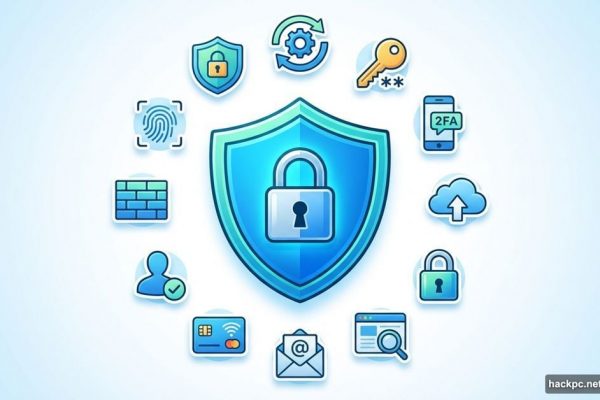 Blue protective shield surrounded by twelve online security icons