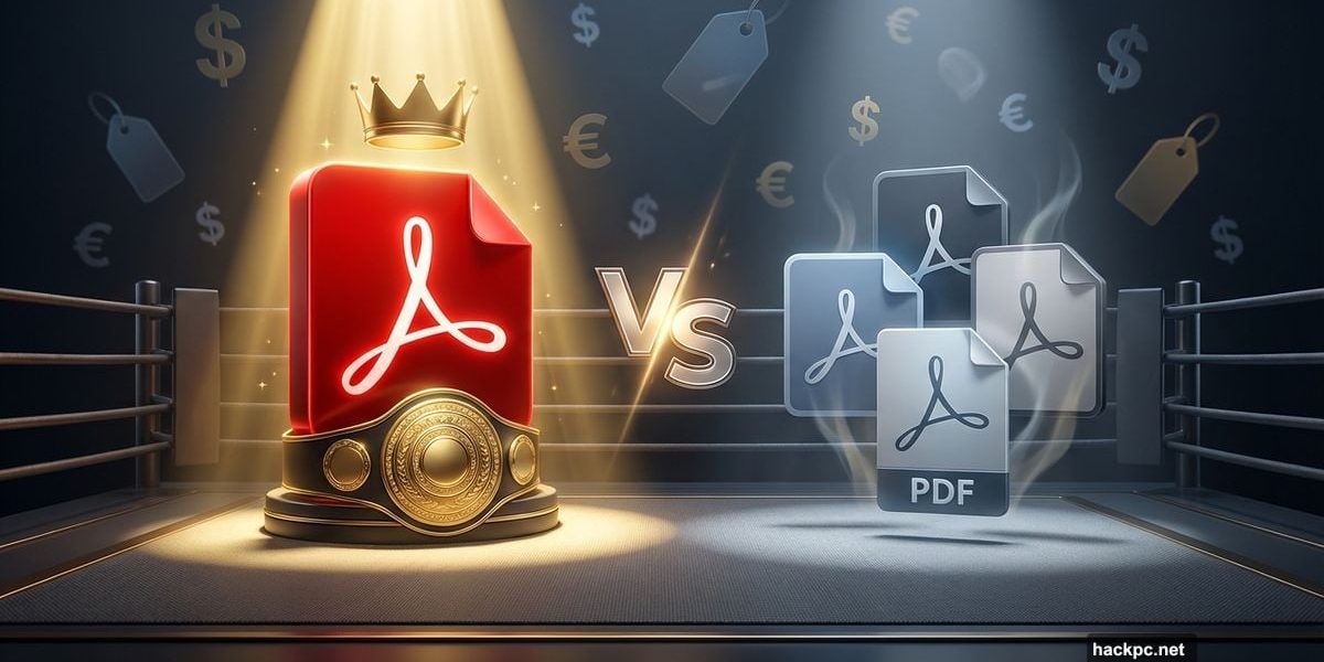 Adobe Acrobat PDF logo dominating versus budget PDF editor alternatives