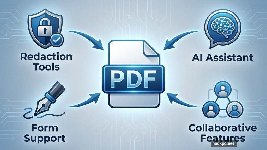Adobe Acrobat Pro feature set includes redaction and AI assistance