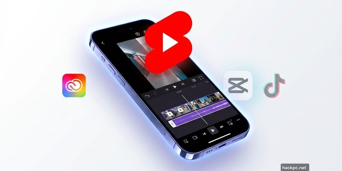 Smartphone showing Adobe Premiere mobile interface with YouTube Shorts logo emerging