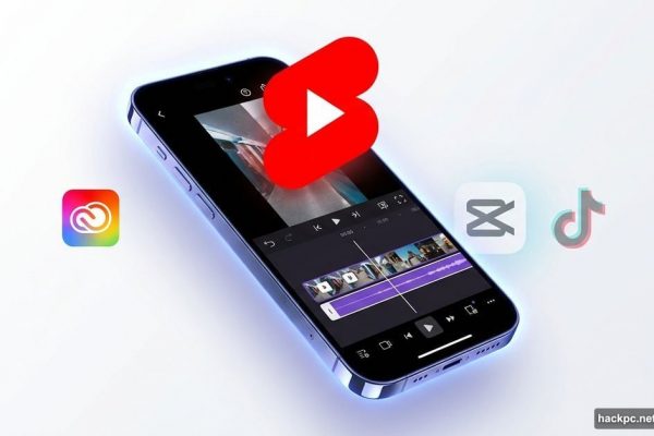 Smartphone showing Adobe Premiere mobile interface with YouTube Shorts logo emerging