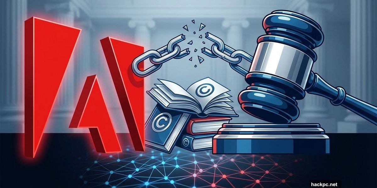 Adobe logo facing judge gavel with pirated books between them