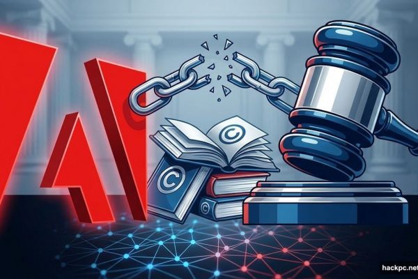 Adobe logo facing judge gavel with pirated books between them