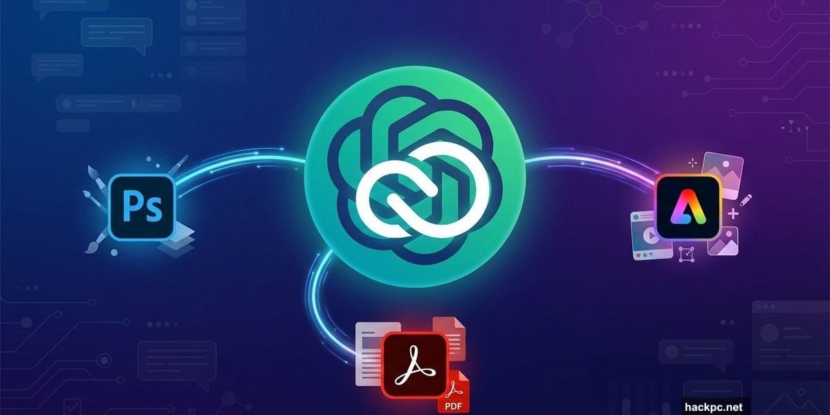 ChatGPT and Adobe logos merged with connections to Photoshop, Acrobat, Express