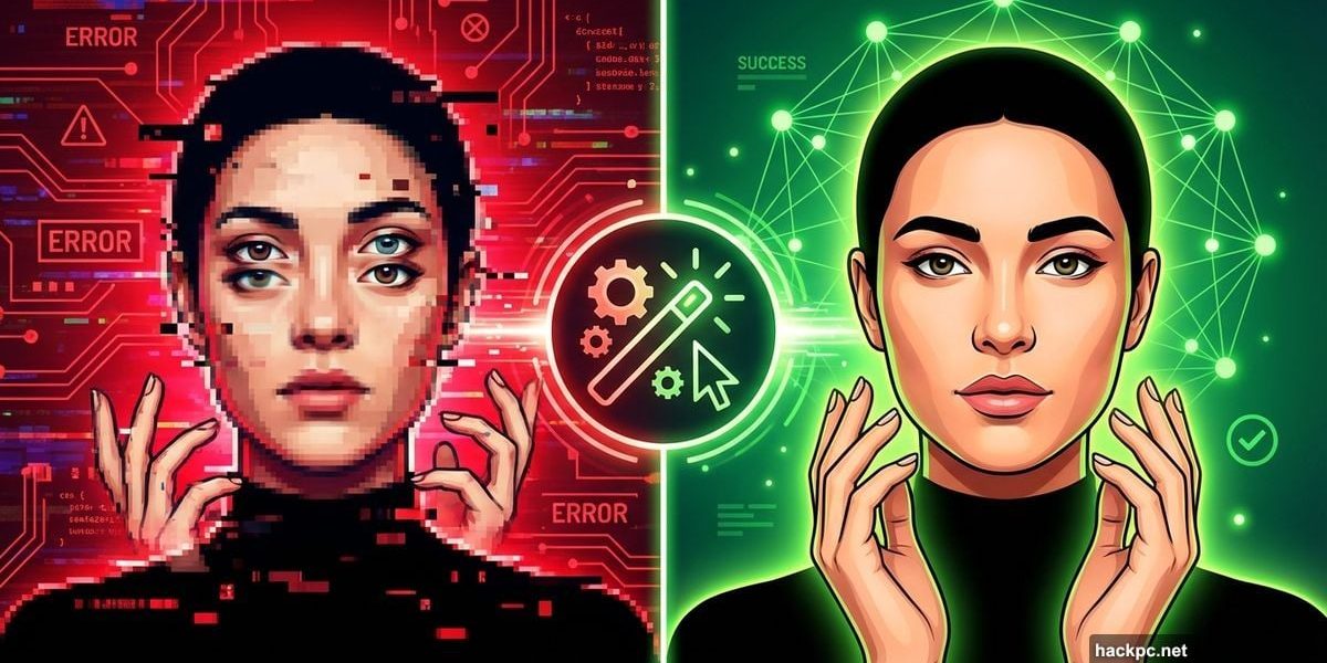 Split screen showing broken AI image versus fixed version with repair tool