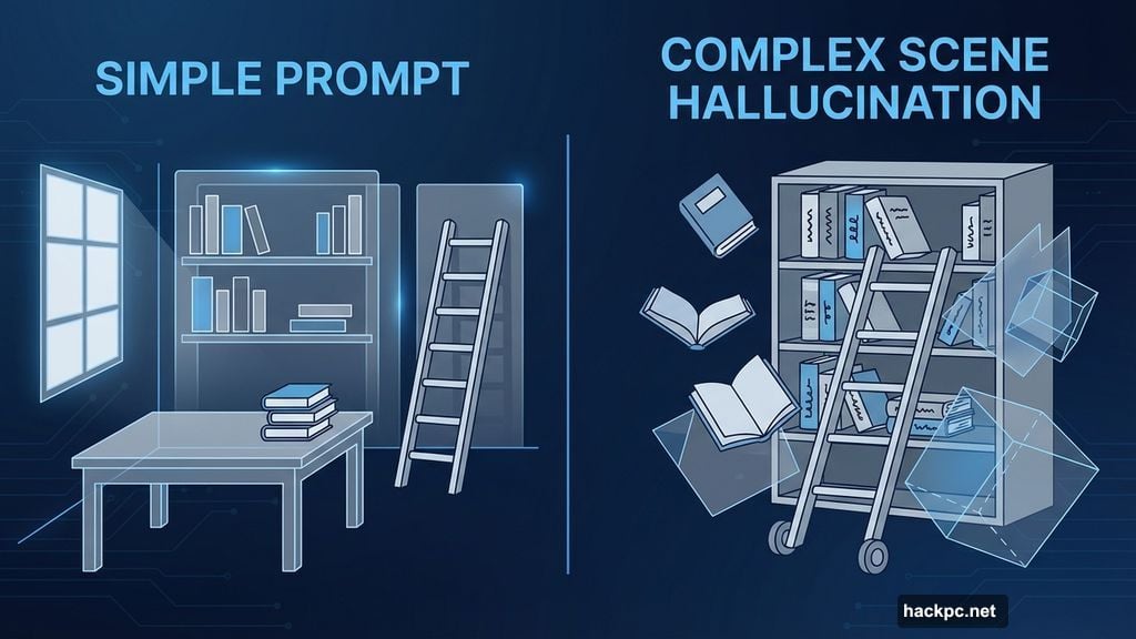 Complex scenes cause AI generators to hallucinate overlapping objects