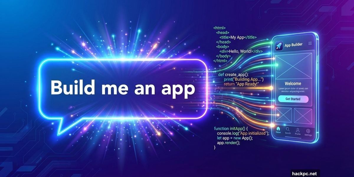 Plain English prompt transforming into code and app through AI magic