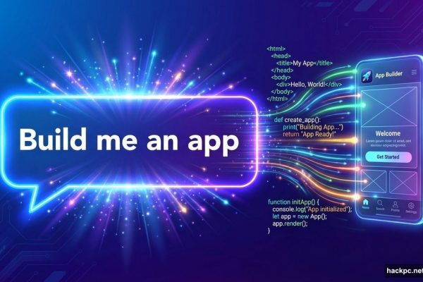 Plain English prompt transforming into code and app through AI magic