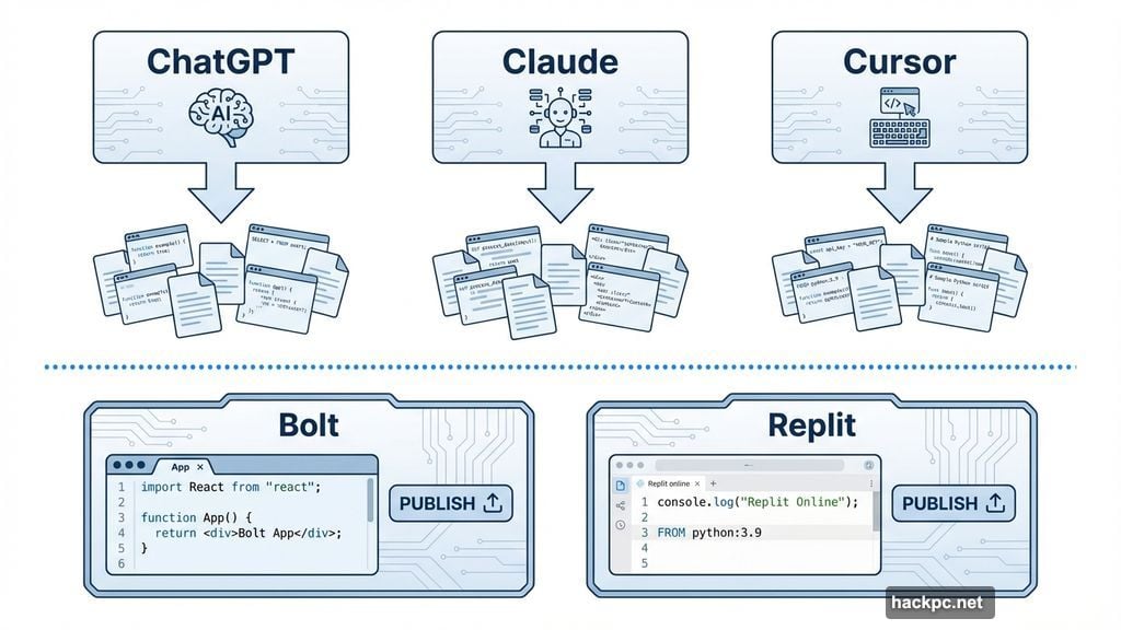 Bolt and Replit generate projects inside their editor automatically