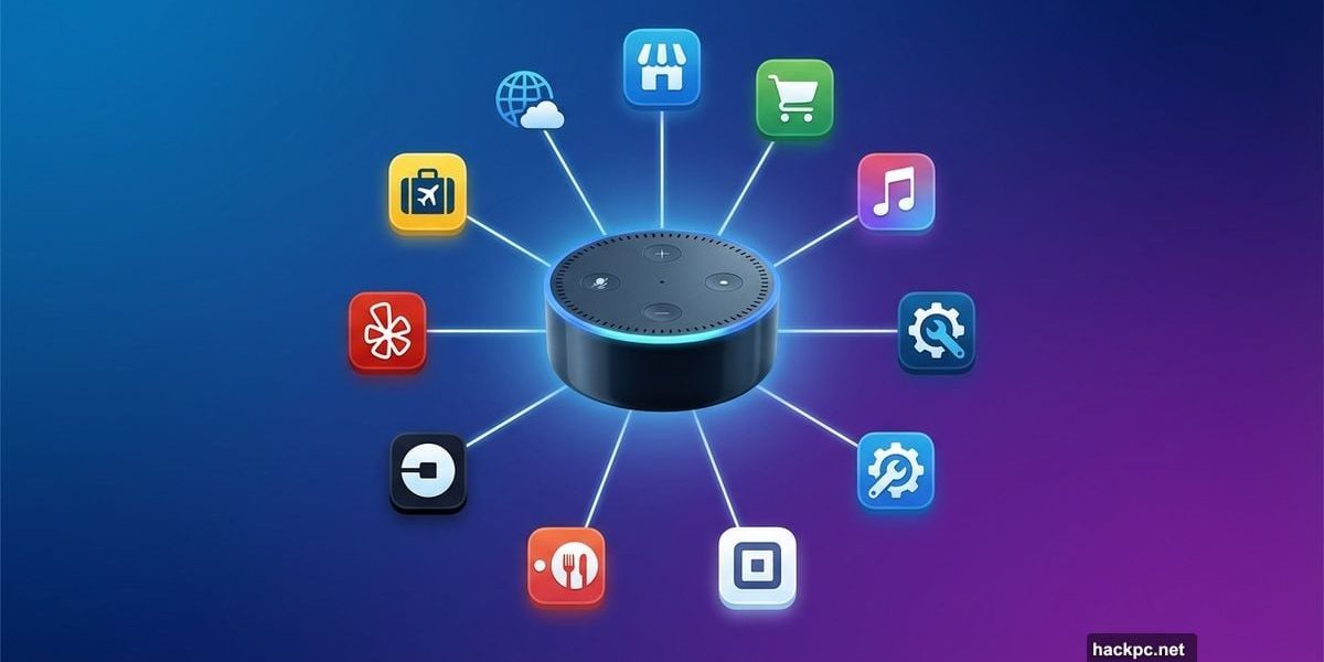 Amazon Alexa device surrounded by connected app icons showing integrations