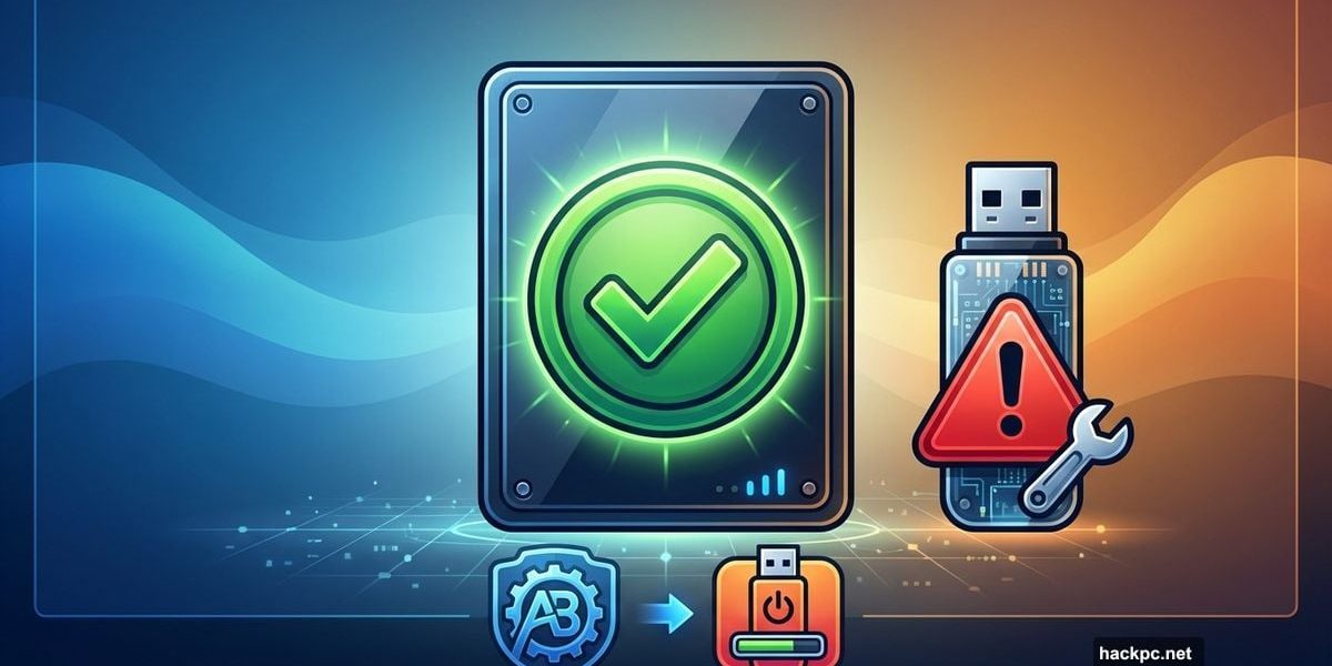 Aomei Backupper backup drive with checkmark, problematic boot USB with warning