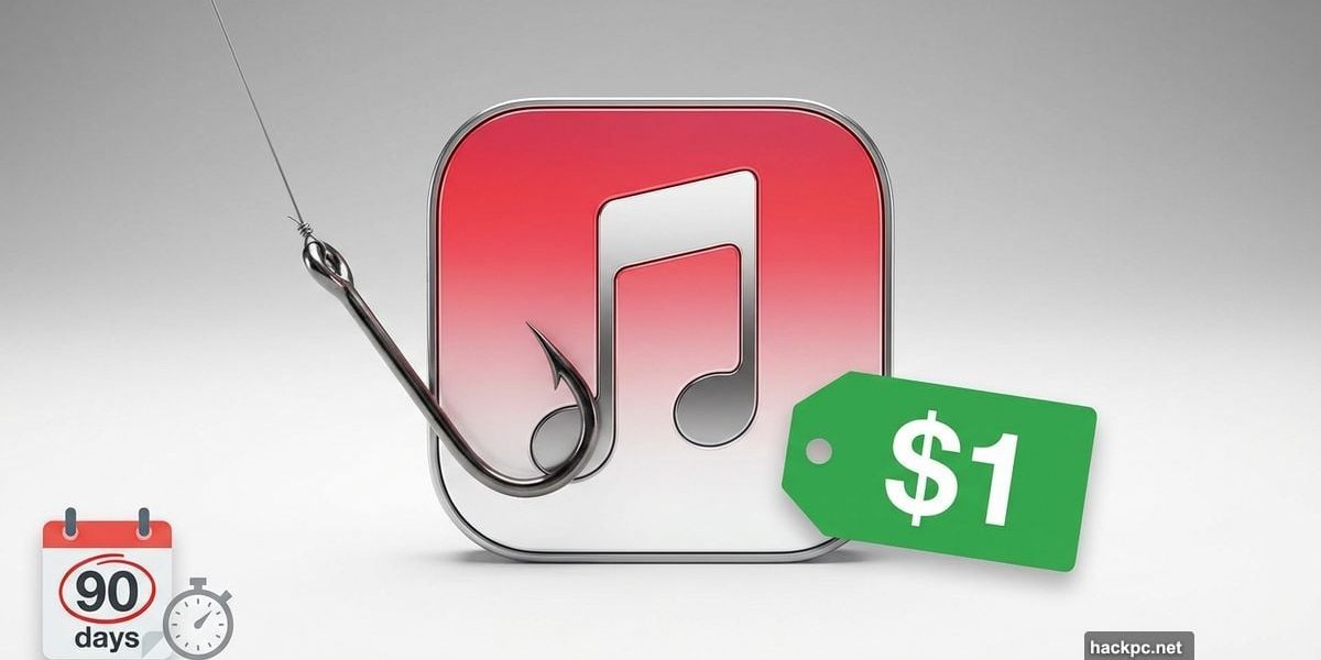 Apple Music logo with one dollar price tag and fishing hook symbolizing subscription trap